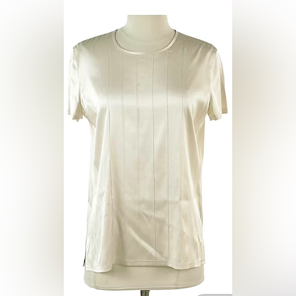 CHANEL Silk Cream Tuck Pleat Short Sleeve Top, Pearlescent Chanel buttons